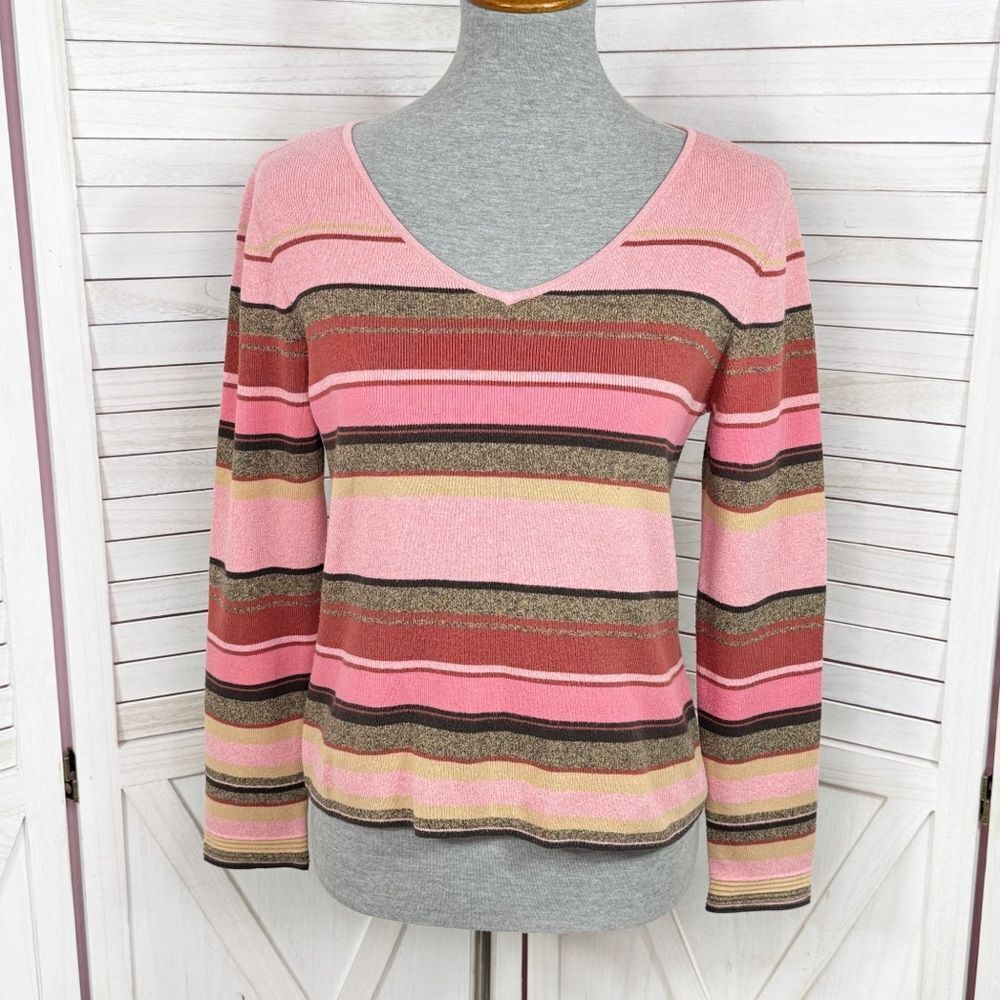 Emma James Petite Striped Multicolor V Neck Sweater Pink Brown Large